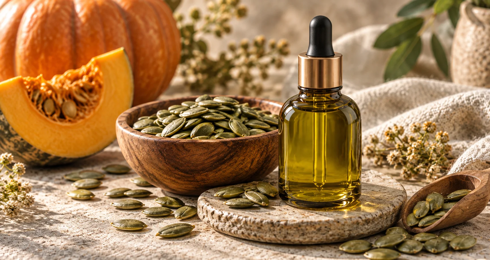 A glass dropper bottle of pumpkin seed oil next to a wooden bowl of pumpkin seeds, a pumpkin slice, and decorative greenery.